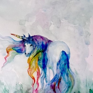 Pintura de acuarela original de unicornio arcoíris, arte de pared de decoración del hogar de unicornio de fantasía, pintura, regalo para amantes de la naturaleza 9 pulgadas x 13 pulgadas