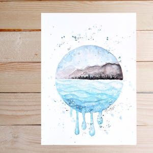 Paesaggio di spiaggia ad acquerello in un cerchio - Decorazione murale moderna Circle Art - Dipinto originale ad acquerello di montagna, costa e oceano. NON STAMPABILE