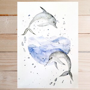 Illustrazione originale ad acquerello di un delfino e delle onde dell'oceano, dipinto originale di un delfino, decorazione da parete per la casa, 17 x 12 pollici. NON STAMPA