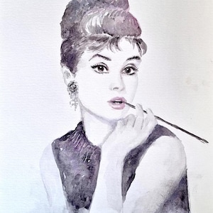 Original Watercolor  Audrey Hepburn portrait Hand Painted Watercolor Audrey Hepburn  Breakfast at Tiffanys film  modern wall art