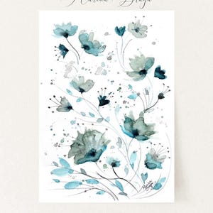 Original Watercolor blue flowers Painting,  Hand Painted Watercolor blue  Flowers, Abstract flowers, modern painting wall art.NOT PRINT