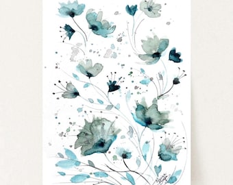 Original Watercolor Blue Flowers Painting, Abstract Floral Wall Art
