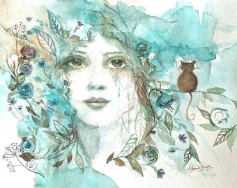 花を描いた女性の水彩画 - オリジナル肖像画（11 x 9インチ） - Etsy 日本