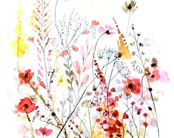 Original Wildflower Watercolor Painting, Field Landscape Art (16x12 in)