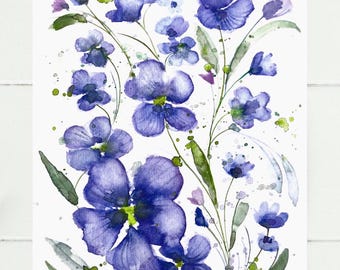 紫色の花の水彩画 19x13 オリジナルアートワーク カラフルな花のアート