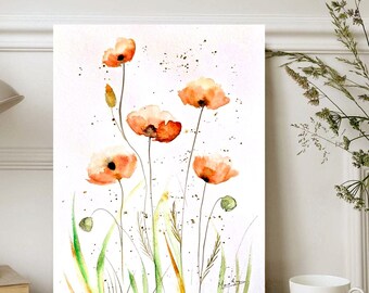 Amapolas originales en acuarela, arte floral minimalista para pared (43 x 30 cm)