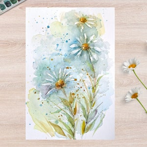 Watercolor Daisy flowers  hand painted original watercolor painting- Daisy flower Painting-Watercolor art- Original Art- 7 inch x 12 inch