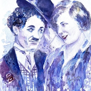 Charlie Chaplin schilderij originele aquarel illustratie Chaplin in film City Lights Wall Art-9 x 7 inch