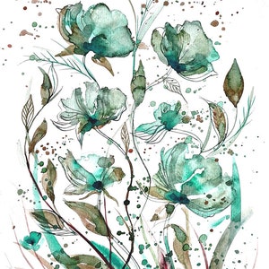 Blue   poppies flowers Original hand painted watercolor painting -Watercolor  abstract flowers  Original art-8 inch x 12 inch