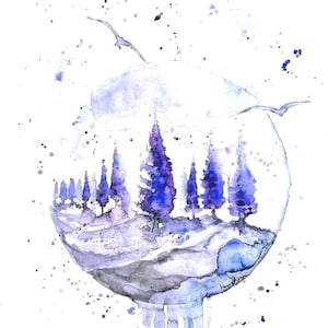 Acquerello originale Cerchio di montagna Foresta di pini Paesaggio Illustrazione ad acquerello, Viola e blu Natura arte murale 17 x 12 pollici