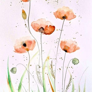 Watercolor artwork, original painting,  Poppies flowers minimalist home decor wall art  17 x 12 inch
