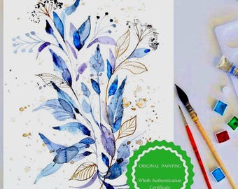 Acuarela de hojas azules, arte floral para pared (23 x 33 cm)