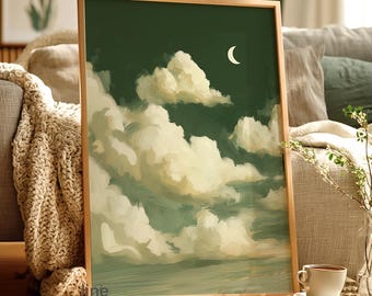 Cuadro decorativo de nubes verdes, lámina de la luna y el cielo nocturno.