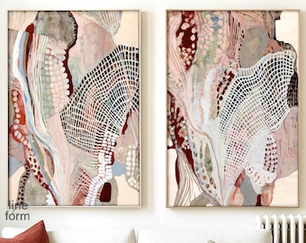 Conjunto de 2 láminas de arte abstracto, díptico en tonos tierra rosa empolvado