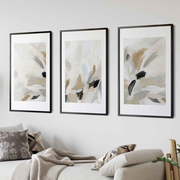 Modern Simple Neutral Beige Abstract Gallery Wall Art Set of 3 Abstract Nordic Wall Art Simple Modern Art Paint Brush Strokes