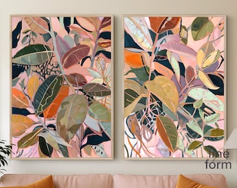 Conjunto de 2 láminas abstractas con diseño de hojas de ficus, díptico botánico moderno.