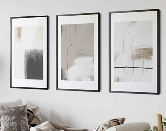 Modern Simple Neutral Gallery Wall Art Set of 3 Pastel Nordic Prints Simple Abstract Art Minimalist Brush Strokes Modern Line Drawing