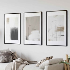 Modern Simple Neutral Gallery Wall Art Set of 3 Pastel Nordic Prints Simple Abstract Art Minimalist Brush Strokes Modern Line Drawing