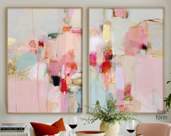 Juego de 2 láminas de arte expresionista abstracto en rosa y dorado (sin marco)