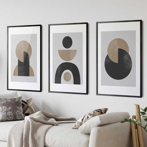 Graphic Illustration Black and Beige Modern Shapes Abstract Geometric Art Gallery Wall Art Set of 3 Nordic Prints Simple Neutral Art