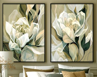 Juego de 2 láminas con estampados florales figurativos en verde pálido, díptico moderno.