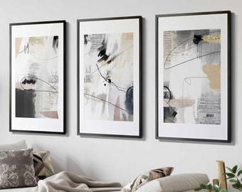 Newspaper Art Modern Simple Neutral Gallery Wall Art Set of 3 Nordic Prints Simple Abstract Art Minimalist Brush Strokes Modern Line Drawing