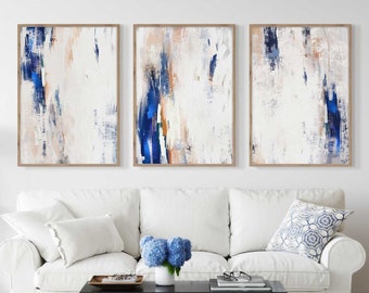 Contemporary Blue and White Abstract Wall Art Set of 3 Nordic Prints Modern Abstract Art Brush Strokes Modern Indigo Abstract Wall Art