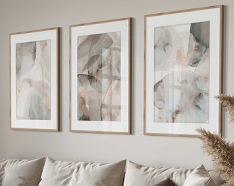 Ensemble abstrait aquarelle de 3 tirages Beige gris aquarelle mur Art moderne mur neutre Art imprimés nordiques aquarelle formes feuille d’or impression