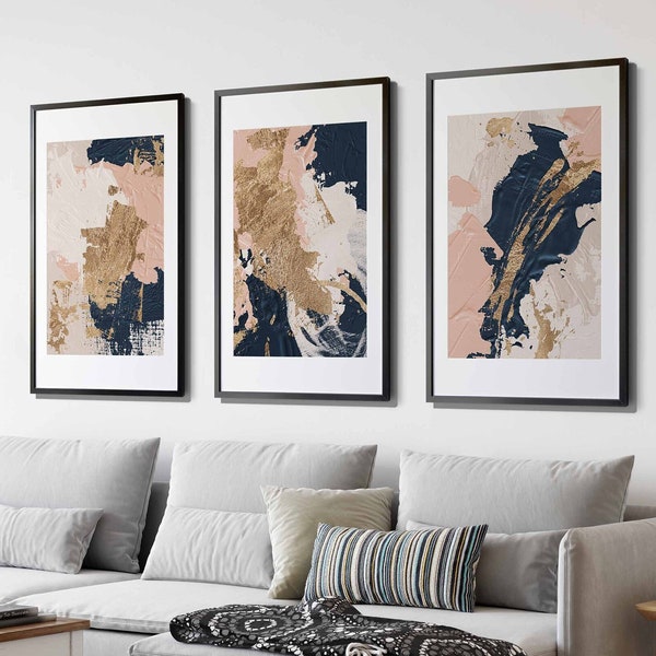 Bleu Marine Blush Rose Galerie Abstraite Moderne Art Mural Ensemble de 3 Feuilles d’Or Impressions Nordiques Art Abstrait Simple Texture Coup de Pinceau Art