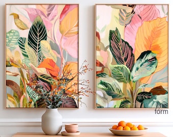 Juego de 2 láminas decorativas con motivos de hojas tropicales coloridas
