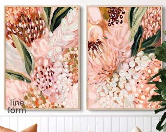 Juego de 2 láminas de arte floral abstracto en rosa empolvado, láminas botánicas en tonos pastel.