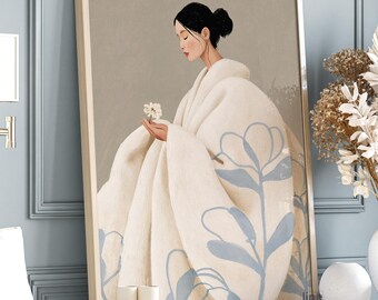 Japandi-Frauenporträt-Druck – Minimalistische Wandkunst in Beige und Blau