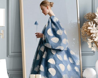 Minimalistischer Kunstdruck einer hellblauen Frau – Japanisches Frauenporträt