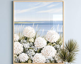 Cuadro de hortensias costeras, lámina con estampado de casa de playa y océano