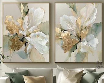 Wanddeko-Set mit Blumenmuster in Gold und Salbeigrün, 2er-Pack