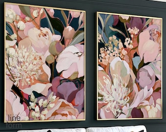 Set aus 2 Wandbildern mit rosa Blumenmuster – Abstraktes Pfingstrosen-Diptychon-Druckset