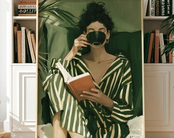 Cuadro al óleo de una mujer leyendo, lámina acogedora para amantes de los libros.