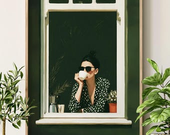 Lámina artística de una mujer tomando café en verde oscuro.