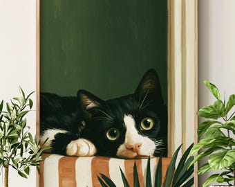 Lámina de gato en blanco y negro, regalo para amantes de los gatos, arte de pared felino verde oscuro