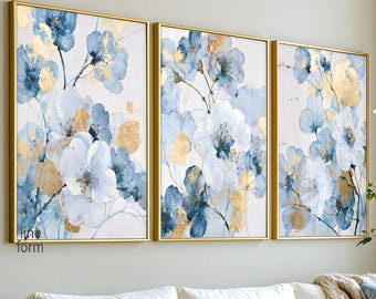 Sakura Cherry Blossom Set of 3 Prints - Blue & Gold Floral Art