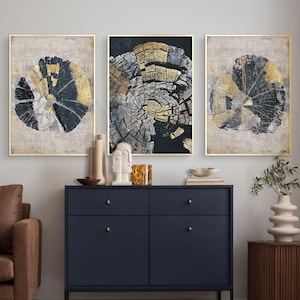 Tree Ring Prints Set of 3 Navy Blue and Gold Tree Stump Prints Tree Ring Art Abstract art print Modern Abstract Tree Rings Wall Art