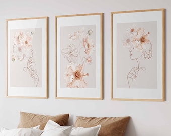 Flower Line Art Prints: Head & Poppy One Line Drawing (Set of 3) (Digital Download)