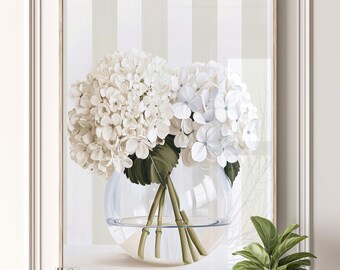 Cuadro de hortensias blancas, lámina botánica a rayas.