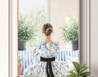 Mujer junto a una ventana, cuadro, estampado de estilo cottagecore costero.