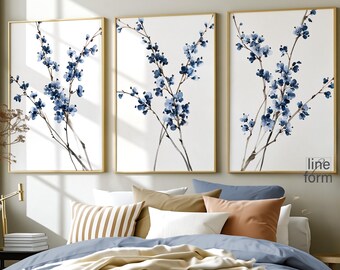 Blue Sakura Wall Art, Set of 3 Chinoiserie Watercolor Blossom Branch Prints