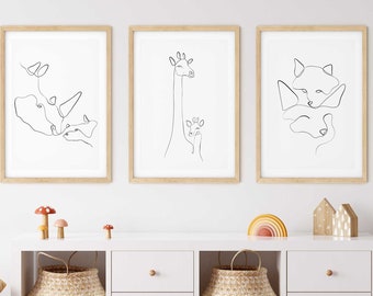 Nursery Wall Art Set of 3, Animal Print Line Drawing, One Line Drawing, Minimalist Kids Room Art Decor, Minimal Nursery, Kids Nordic Prints