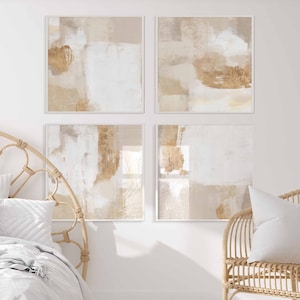 Beige Gold Abstract Square Gallery Wall Art Set of 4 Simple Neutral Nordic Prints Simple Abstract Art Modern Abstract Art Mixed Media Art