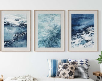 Navy Blue Watercolor Ocean of 3 Prints Coastal Print Set Watercolor Ocean Wave Watercolor Sea Prints Blue Ocean Art Set Blue Coastal Decor