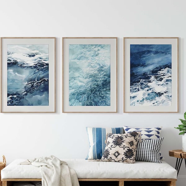 Navy Blue Watercolor Ocean of 3 Prints Coastal Print Set Watercolor Ocean Wave Watercolor Sea Prints Blue Ocean Art Set Blue Coastal Decor