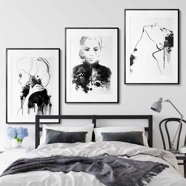 Acuarela Sketch Vogue Gallery Wall Art Set of 3 Female Face Art Fashion Sketch Modern Line Drawing Abstract Sketch Glam Vanity Wall Art